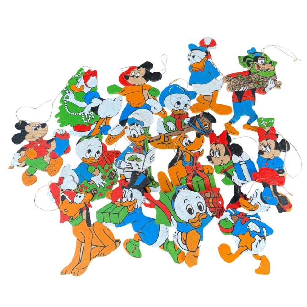 Disney Vintage Flat Wood Christmas Ornaments Lot 15 Mickey Donald Pluto Goofy